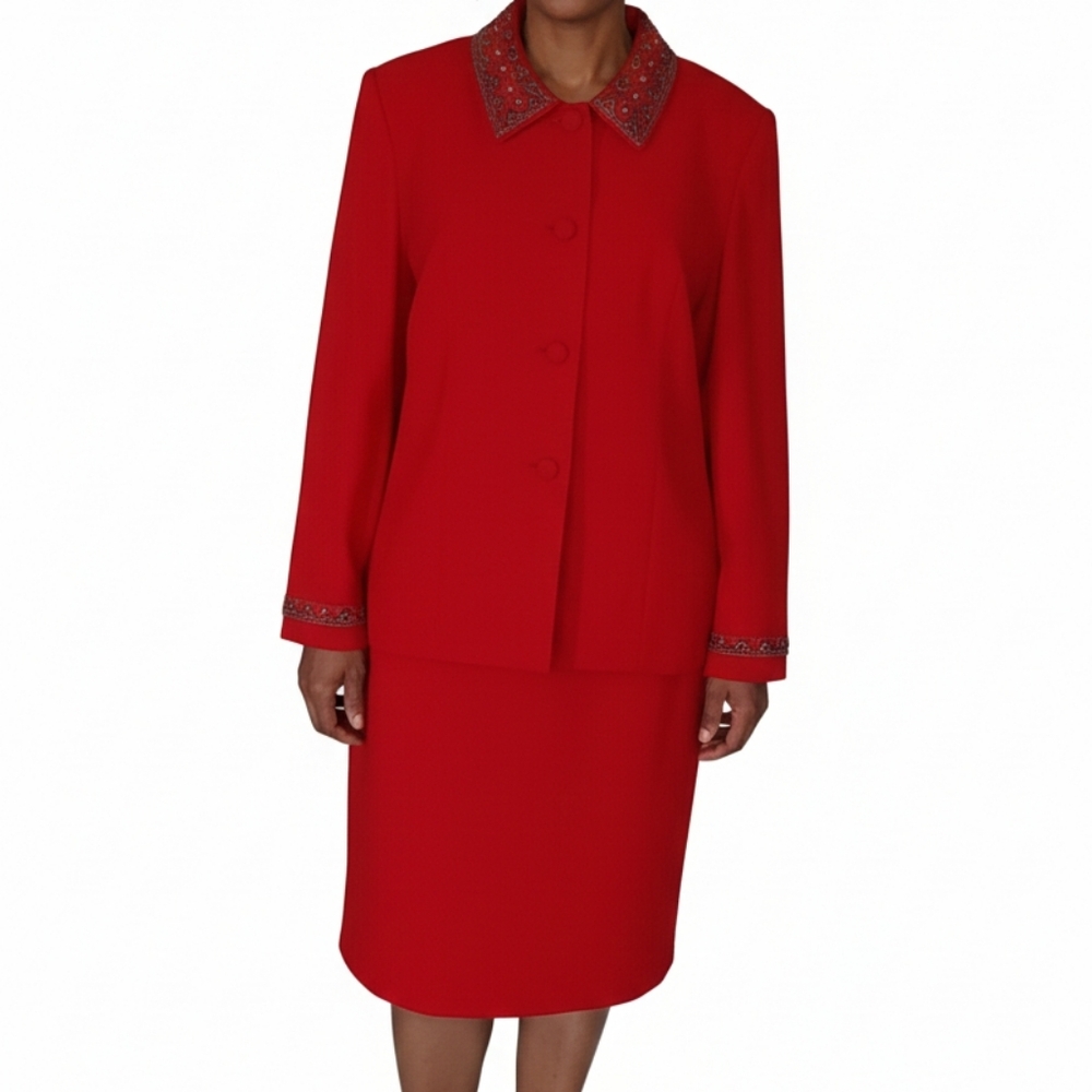 Elegant Red Skirt Suit with Embellished Collar